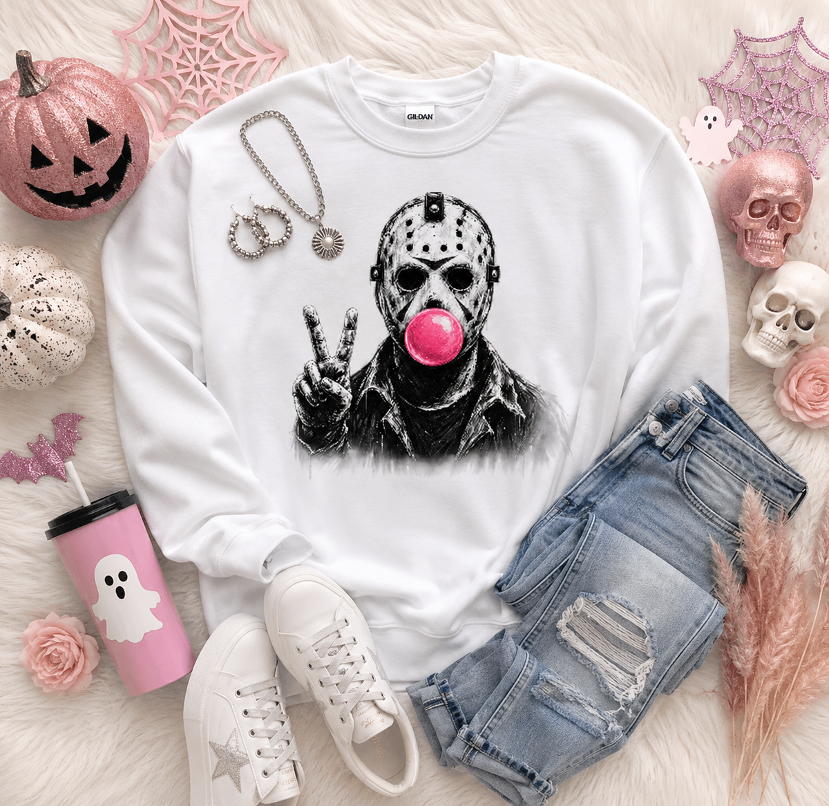 Horror Mask Peace Sign Sweatshirt – Bubblegum Jason Crewneck
